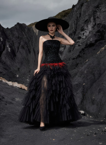 Strapless Sequin Ruffle Maxi Dress Black Red HV2760