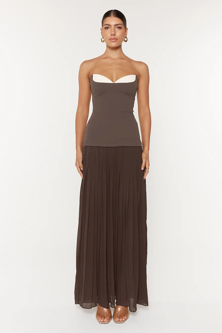 Strapless Pleated A Line Maxi Dress Brown HV2659