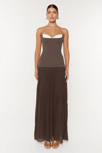 Strapless Pleated A Line Maxi Dress Brown HV2659