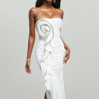 Strapless Embellished Ruffle Maxi Dress White