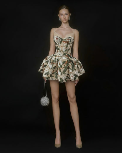 Floral Sequin Bubble Dress Brown Green HV3080