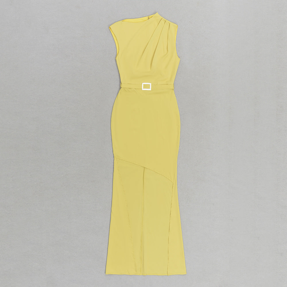 Belt Detail High Low Maxi Dress Yellow HV9626