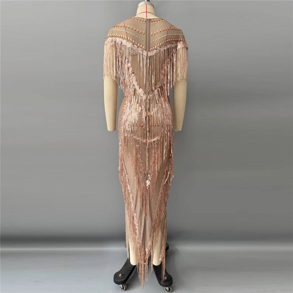 Crystal Tassel Mesh Maxi Dress HV3091