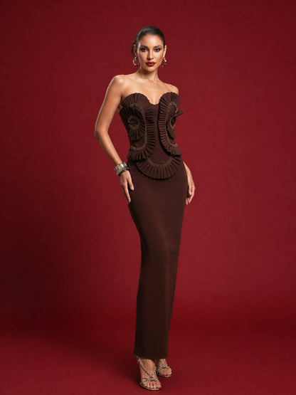 Strapless Pleated Detail Maxi Dress Brown HV3067