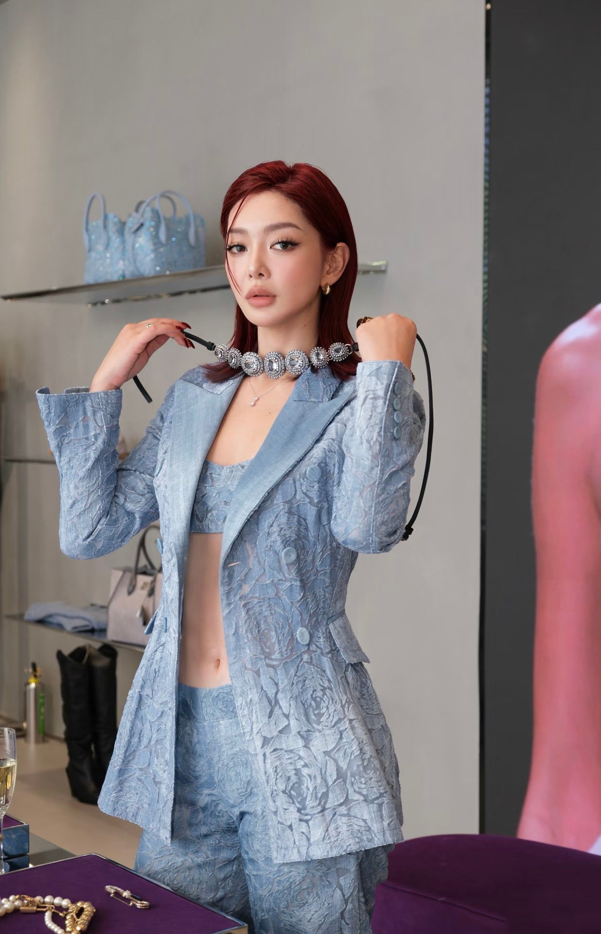 Floral Denim Suit Blue HV2805
