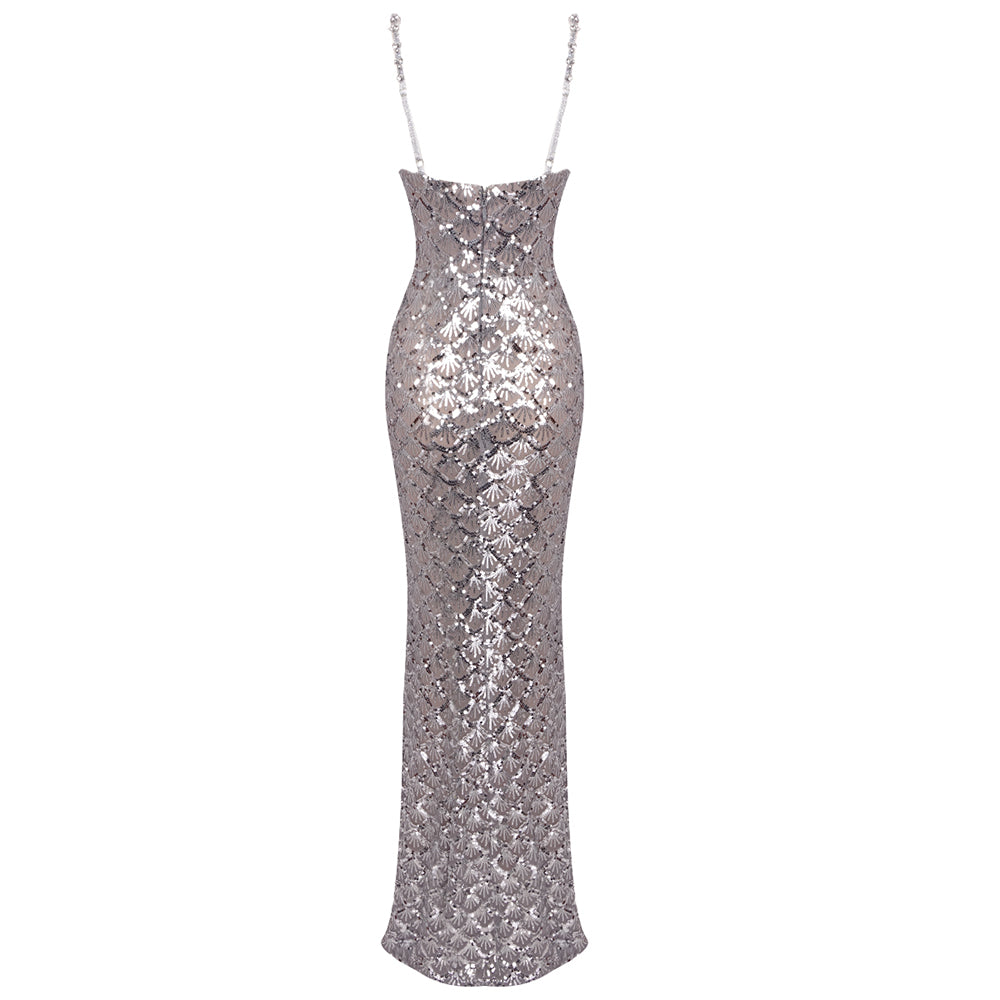 Crystal Bustier Sequin Maxi Dress Silver HV1627