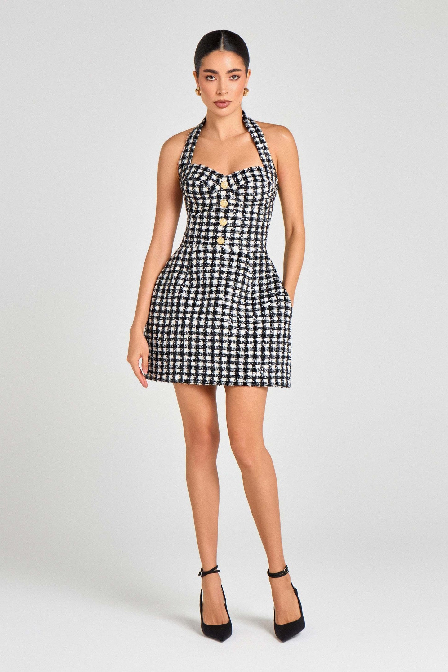 Halter Houndstooth Dress Black White HV2807