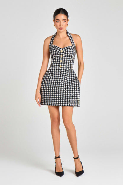 Halter Houndstooth Dress Black White HV2807