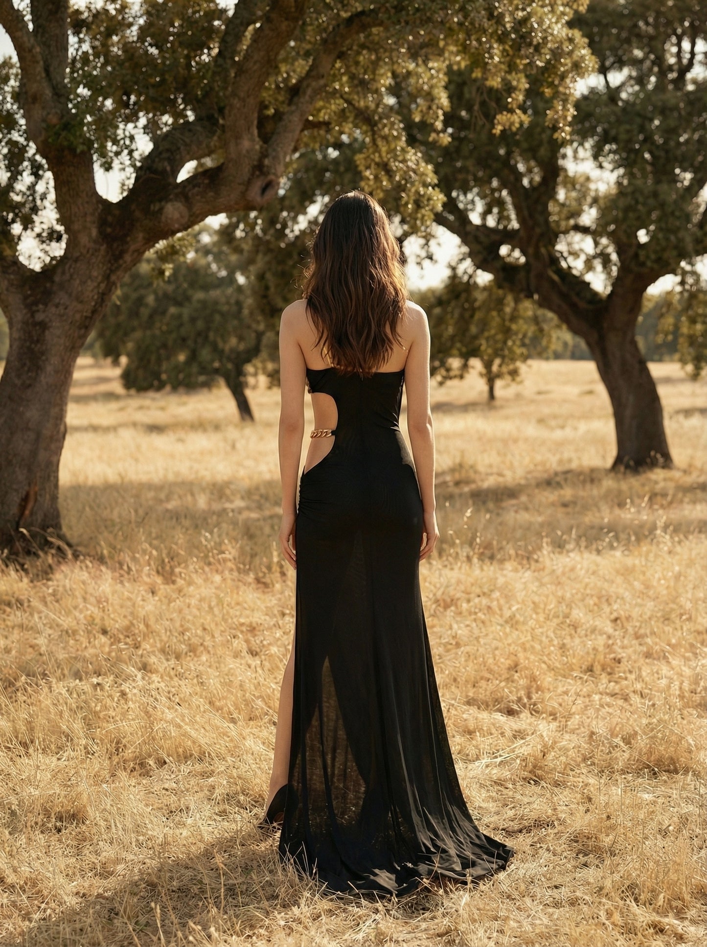One Shoulder Draped Maxi Dress Black Gold HV2763