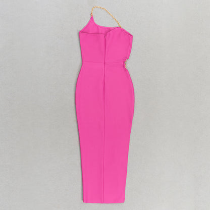 One Shoulder Chain Detail Maxi Dress Hot Pink HV9526