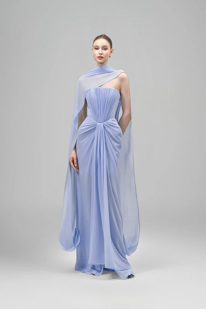 Strapless Draped Cape Maxi Dress Blue HV3074