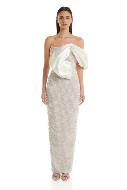 Draped Bardot Pearl Maxi Dress White HV1133