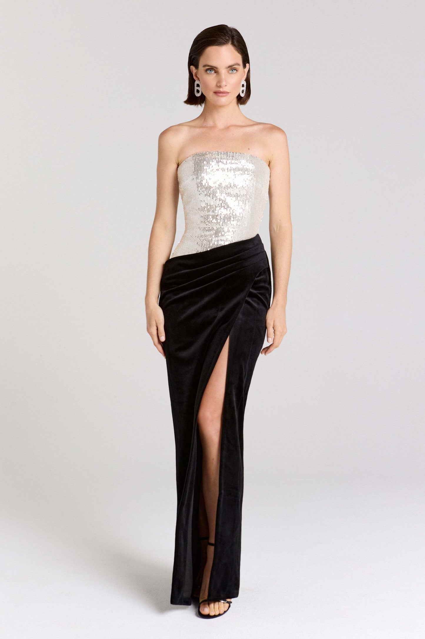 Strapless Sequin Velvet Maxi Dress Black Silver HV2736