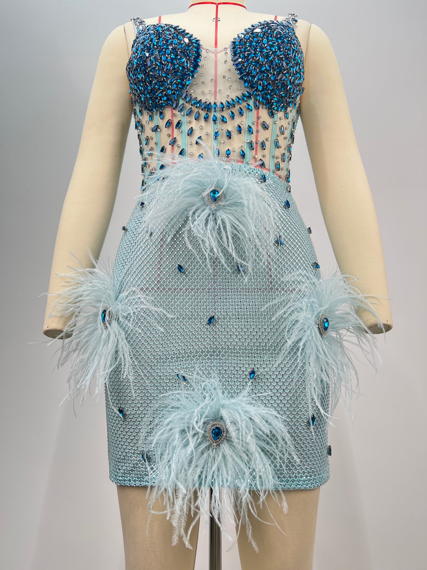 Crystal Bustier Feather Detail Dress Blue HV2192