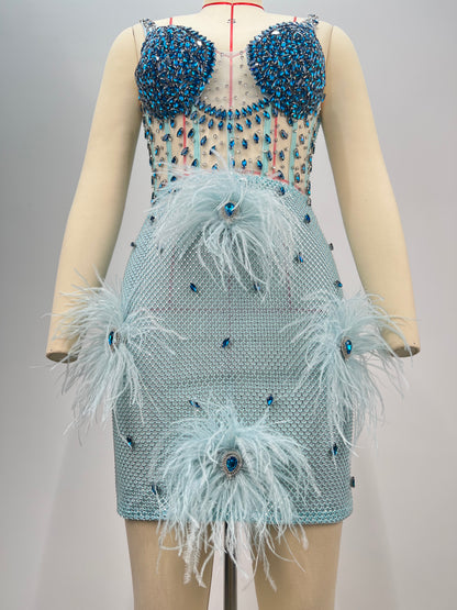Crystal Bustier Feather Detail Dress Blue HV2192