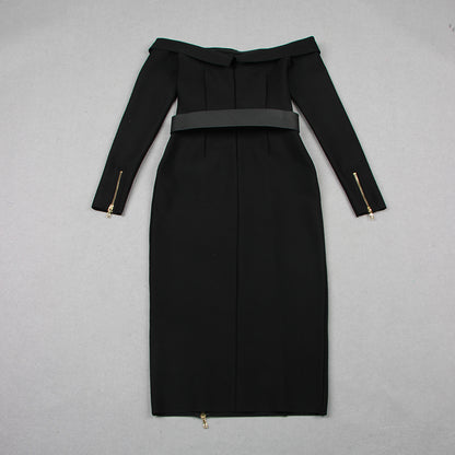 Long Sleeve Off Shoulder Belt Midi Dress Black HV9903