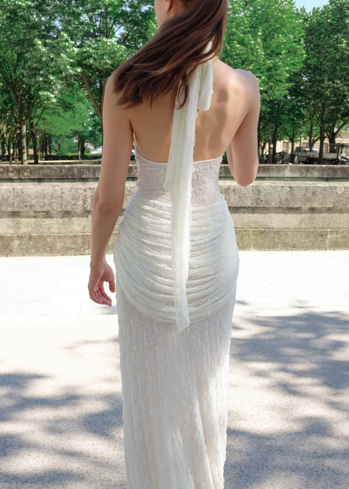 Halter Draped Lace Maxi Dress White HV0167