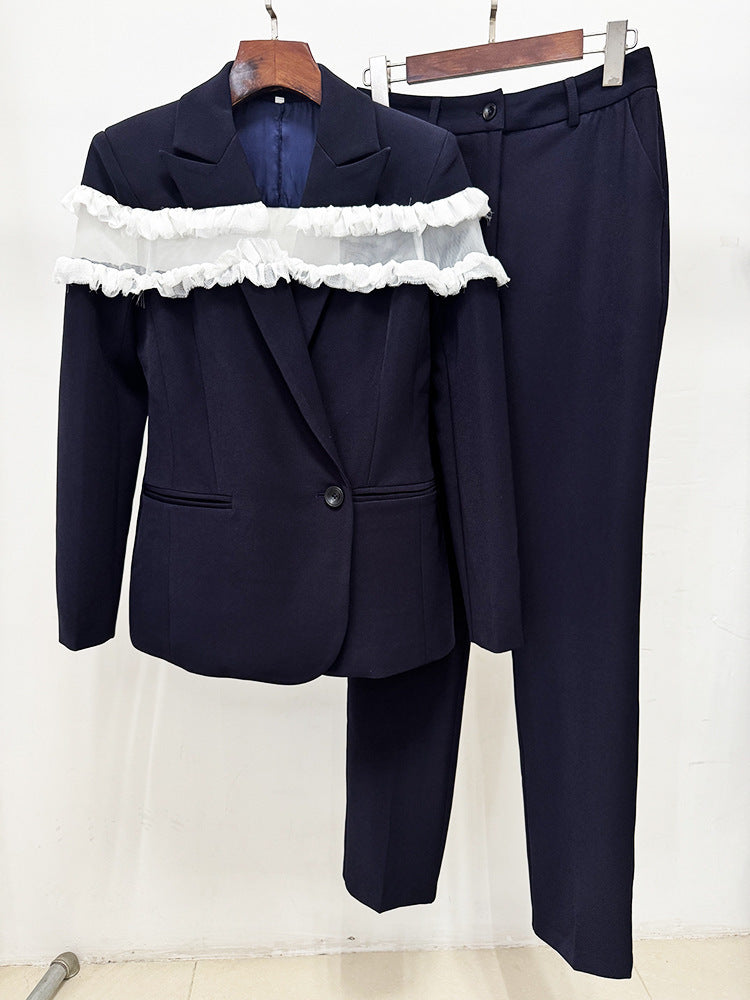 Frayed Ruffle Detail Suit Navy Blue HV2804