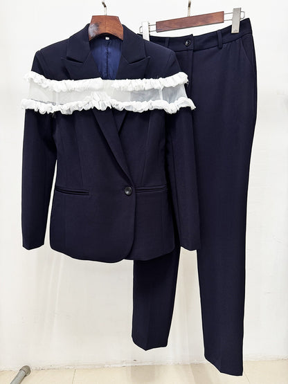 Frayed Ruffle Detail Suit Navy Blue HV2804