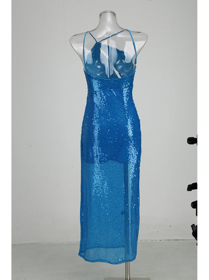 One Shoulder Cut Out Maxi Sequin Dress Blue HV9783