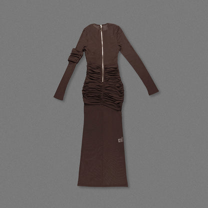 Long Sleeve Mesh Insert Draped Maxi Dress Brown HV1977
