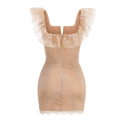 Lace Ruffle Structured Dress Peach Nude HV3232