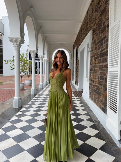 Halter Pleated Corset Maxi Dress Green HV0095