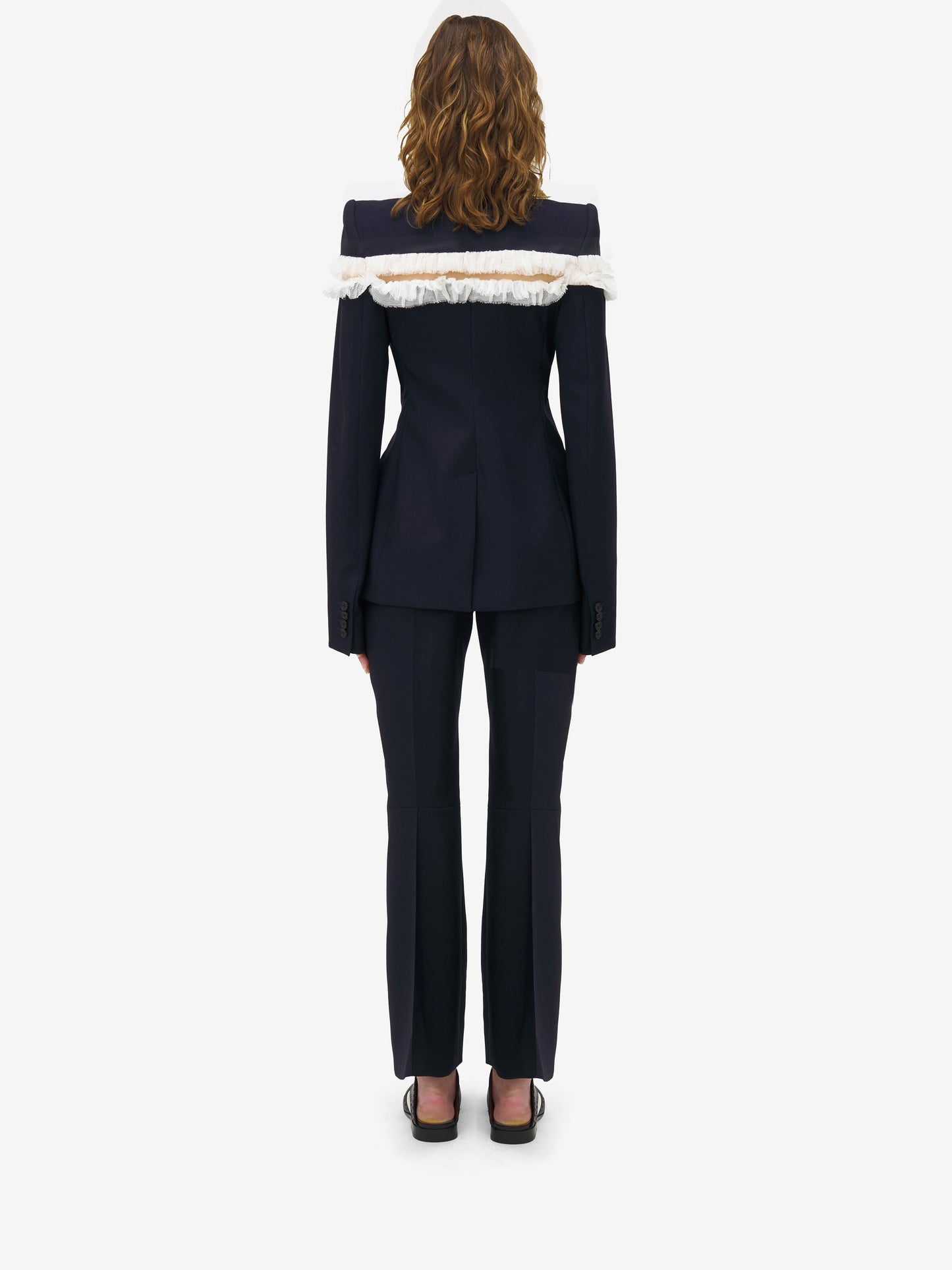 Frayed Ruffle Detail Suit Navy Blue HV2804