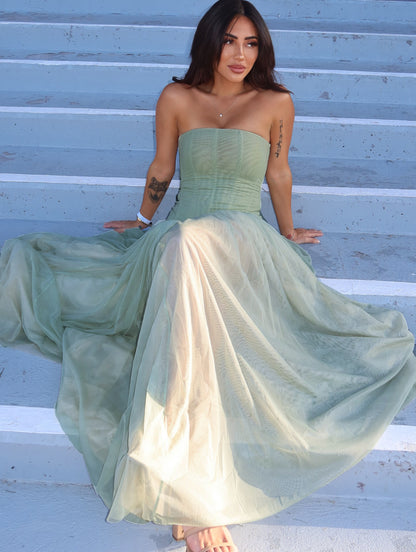 Strapless A Line Maxi Dress Green HV0086