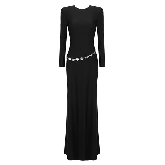 Long Sleeve Crystal Belt Maxi Dress Black HV9973