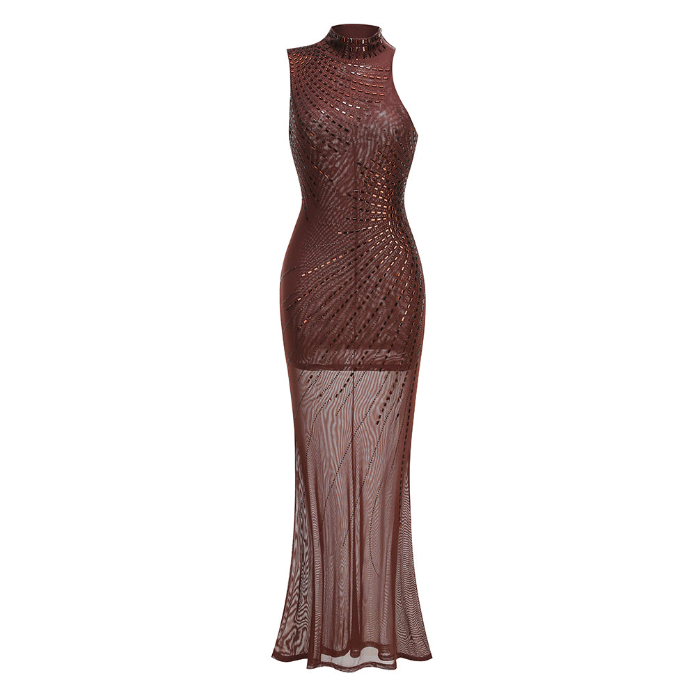 Asymmetric Embellished Maxi Dress Brown HV3200