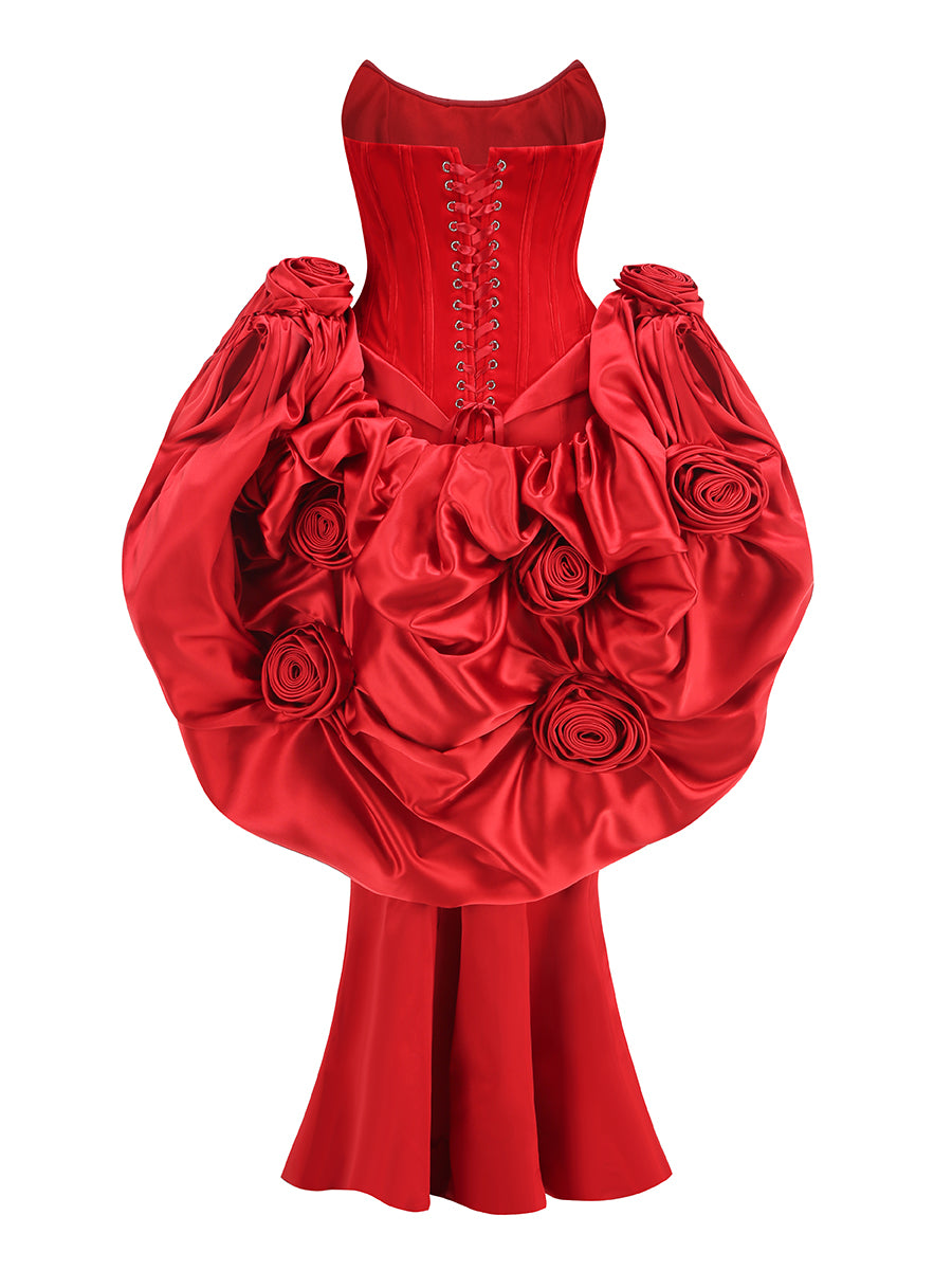 Strapless Floral Puff Detail Corset Maxi Dress Red