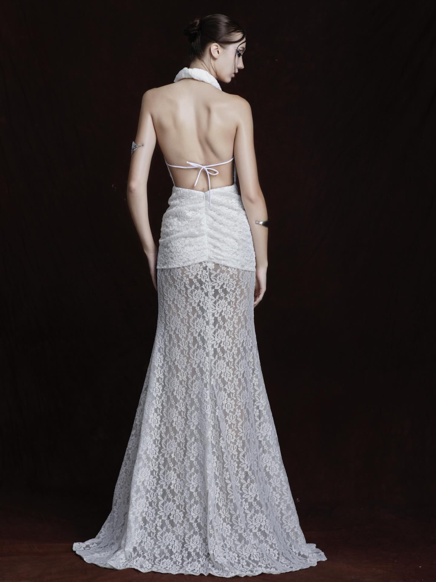 Halter Draped Crochet Maxi Dress White HV0096