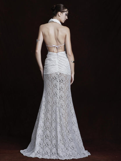 Halter Draped Crochet Maxi Dress White HV0096