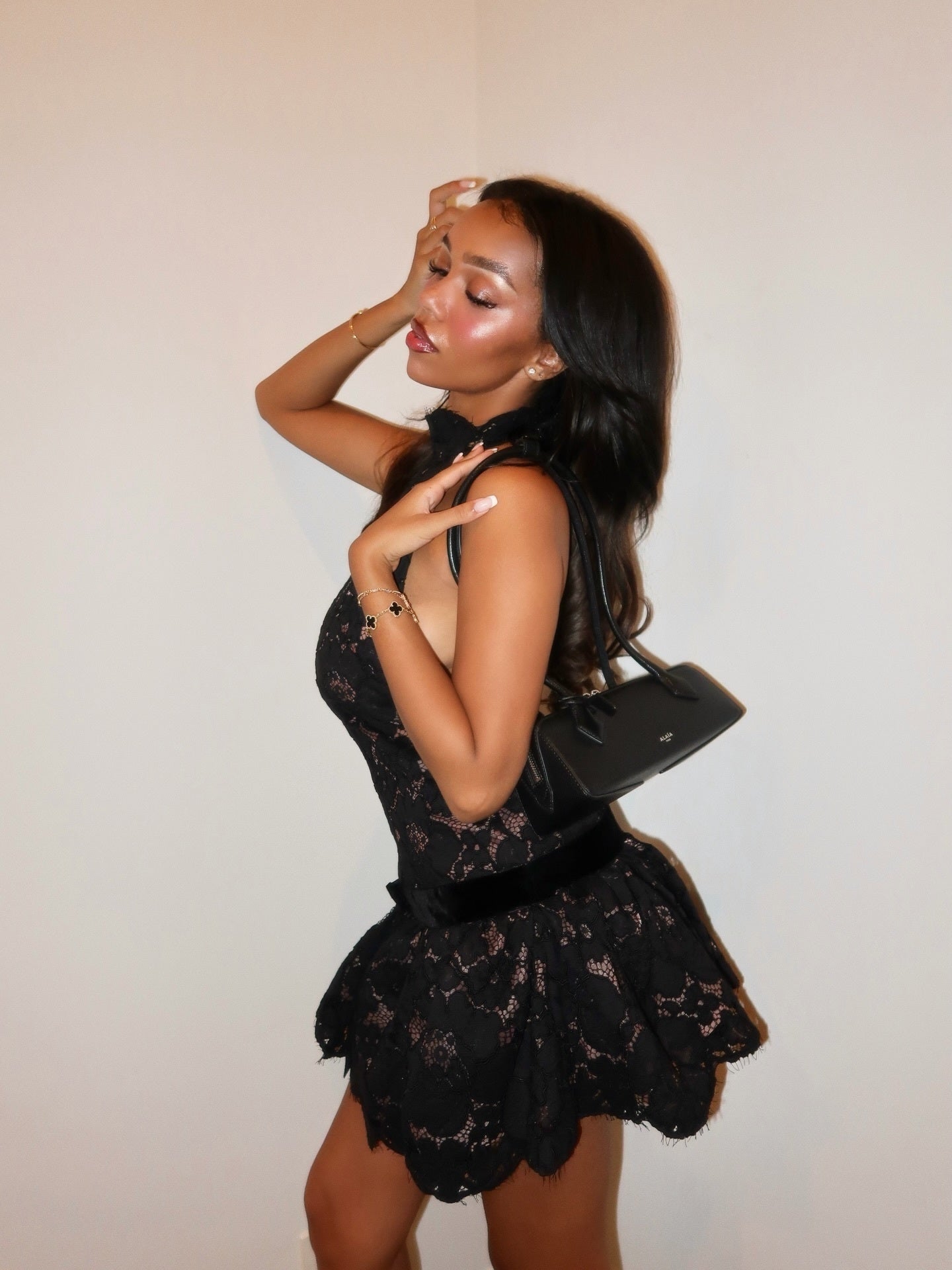 Halter Lace A Line Dress Black HV2840