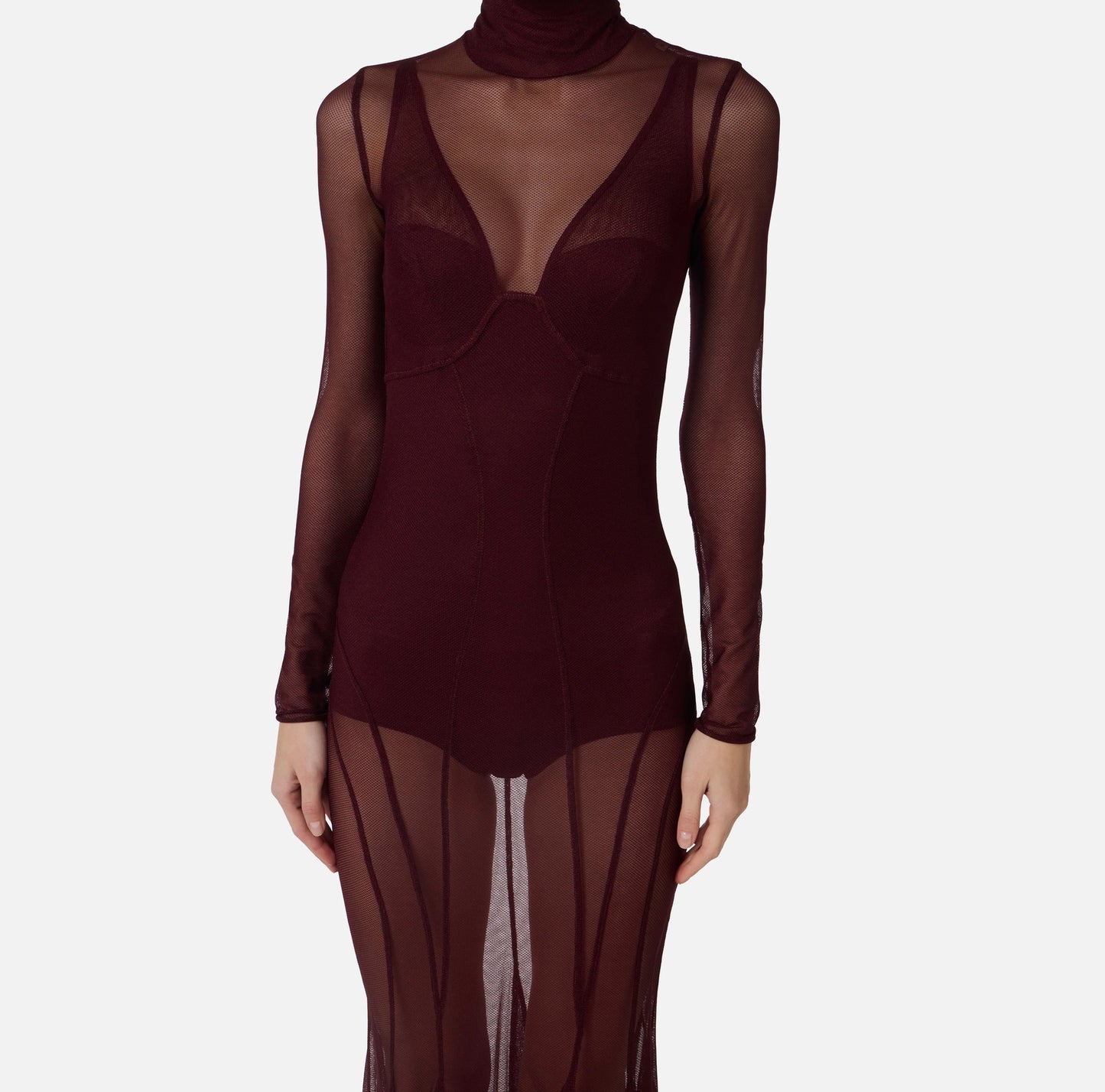 Long Sleeve Mesh Maxi Dress Burgundy HV0064
