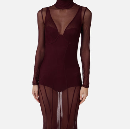 Long Sleeve Mesh Maxi Dress Burgundy HV0064
