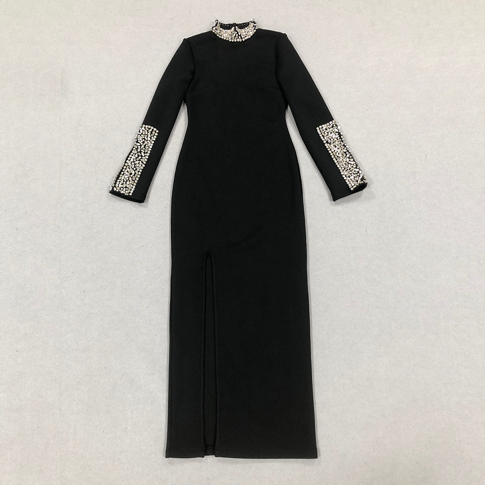 Long Sleeve Crystal Detail Midi Dress Black HV1687