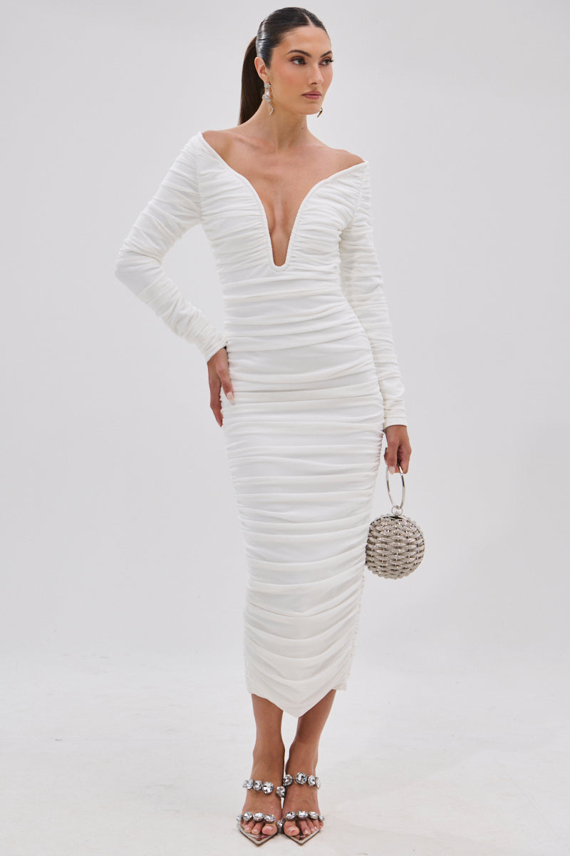 Long Sleeve Bardot Draped Midi Dress White HV3068