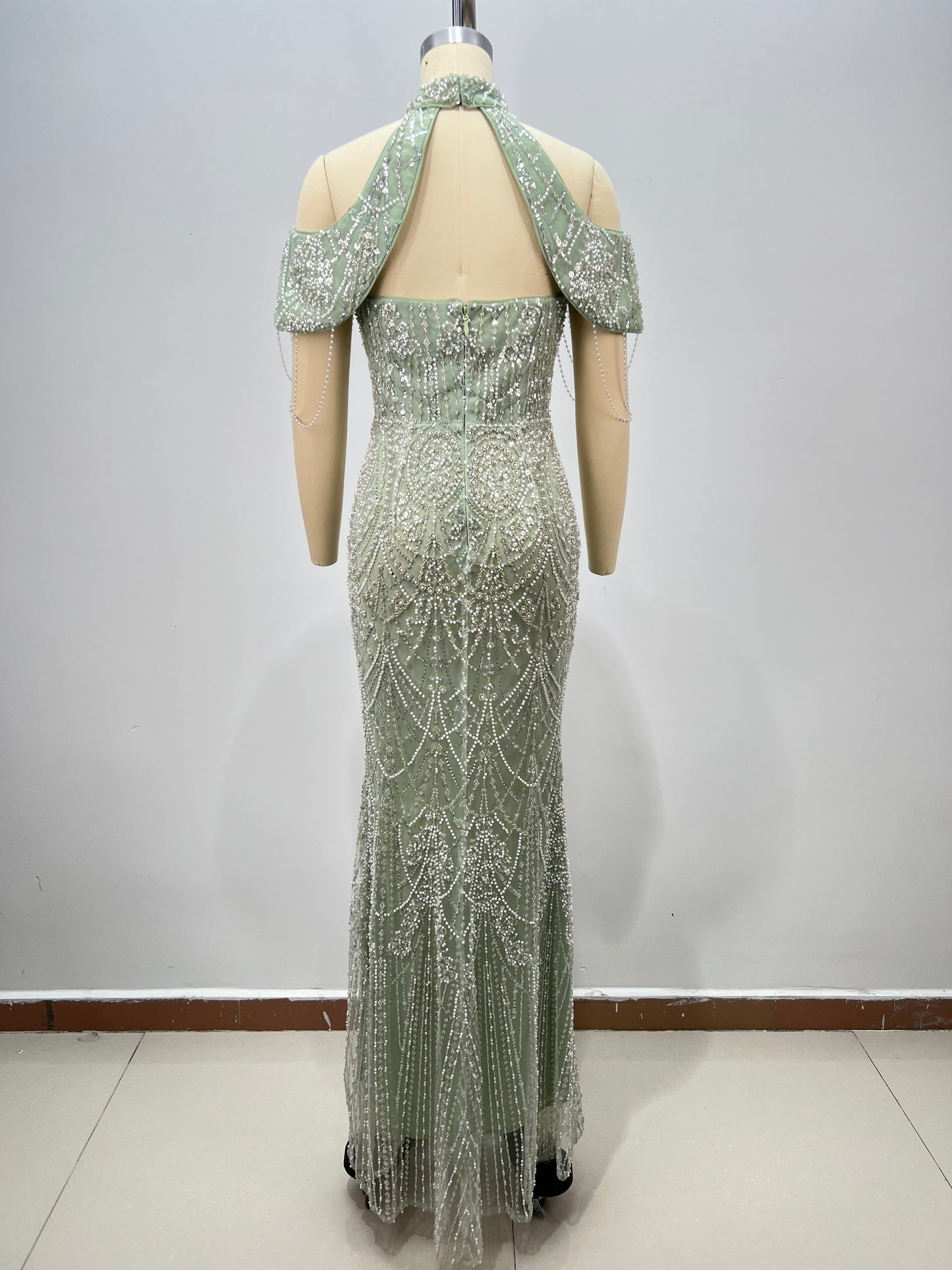 Cold Shoulder Crystal Pearl Maxi Dress Green HV2951
