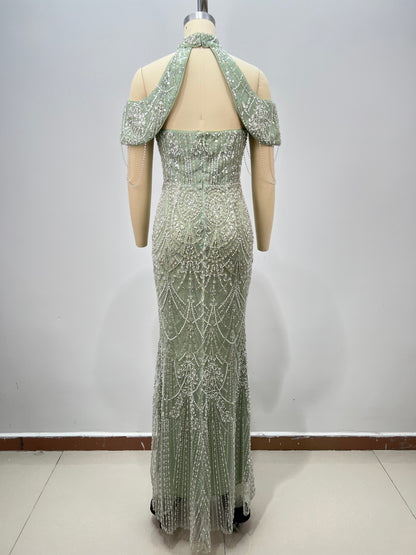 Cold Shoulder Crystal Pearl Maxi Dress Green HV2951
