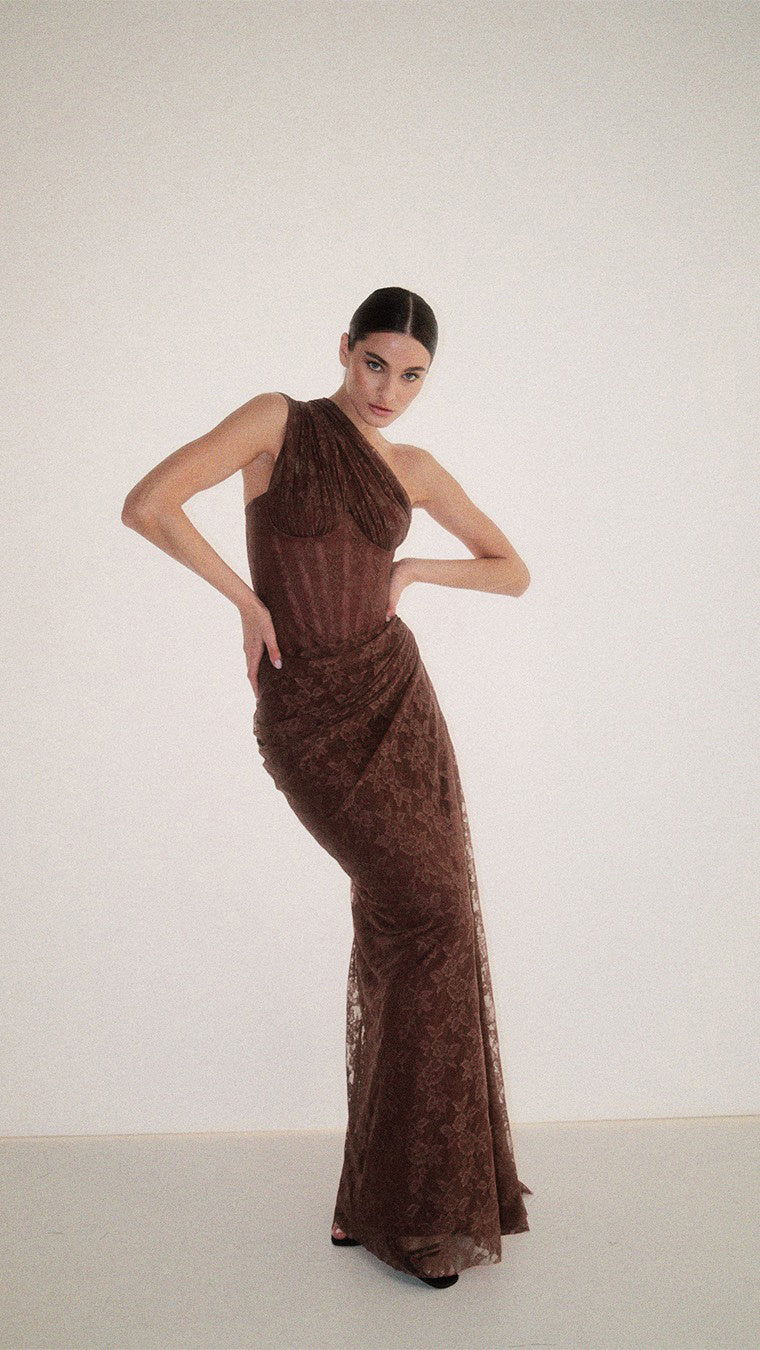 One Shoulder Draped Lace HV2677