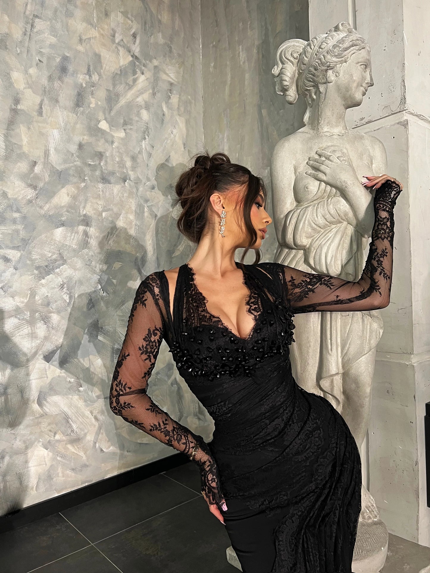 Long Sleeve Halter Sequin Lace Maxi Dress Black HV2231