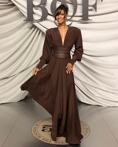 Long Sleeve Plunge V Neck Maxi Dress Brown HV1080