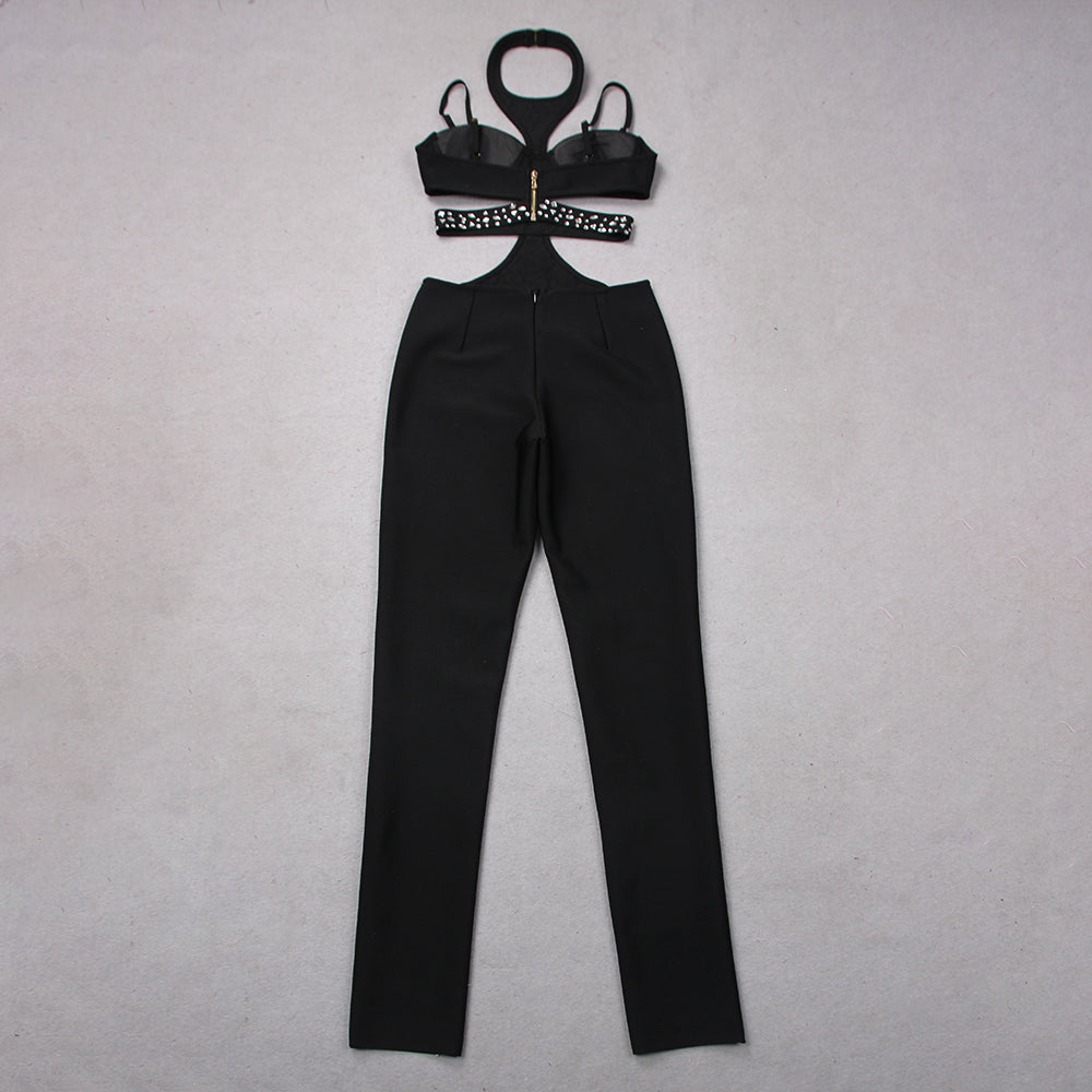 Halter Rhinestone Detail Jumpsuit Black HV9150