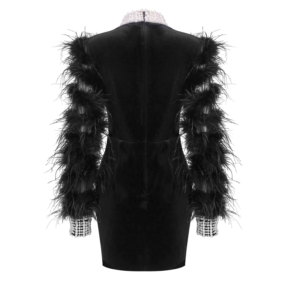 Feather Long Sleeve Pearl Velvet Dress Black HV1322