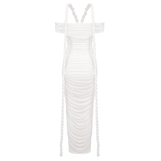 Braid Detail Bardot Ruched Maxi Dress White HV1713