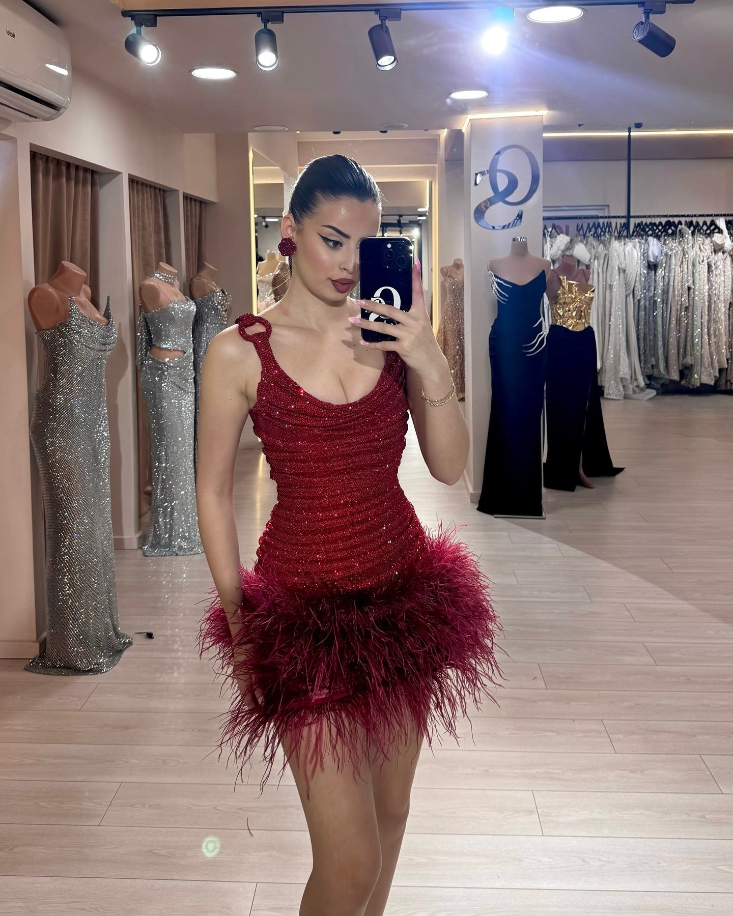 Draped Sparkly Feather Dress Red HV2496