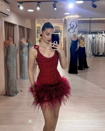 Draped Sparkly Feather Dress Red HV2496