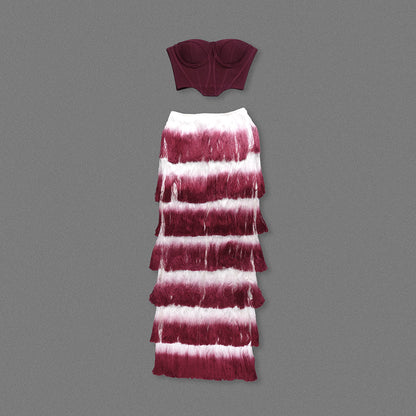 Strapless Tassel Two Piece Maxi Dress Burgundy HV2598